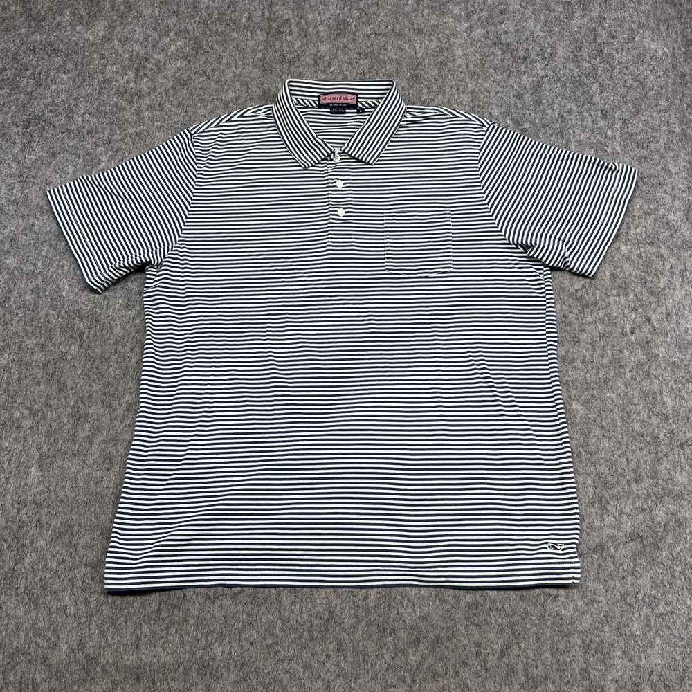 Vineyard Vines Polo Shirt Mens L Blue Cream Stripe Pima Cotton Pocket Peru Whale